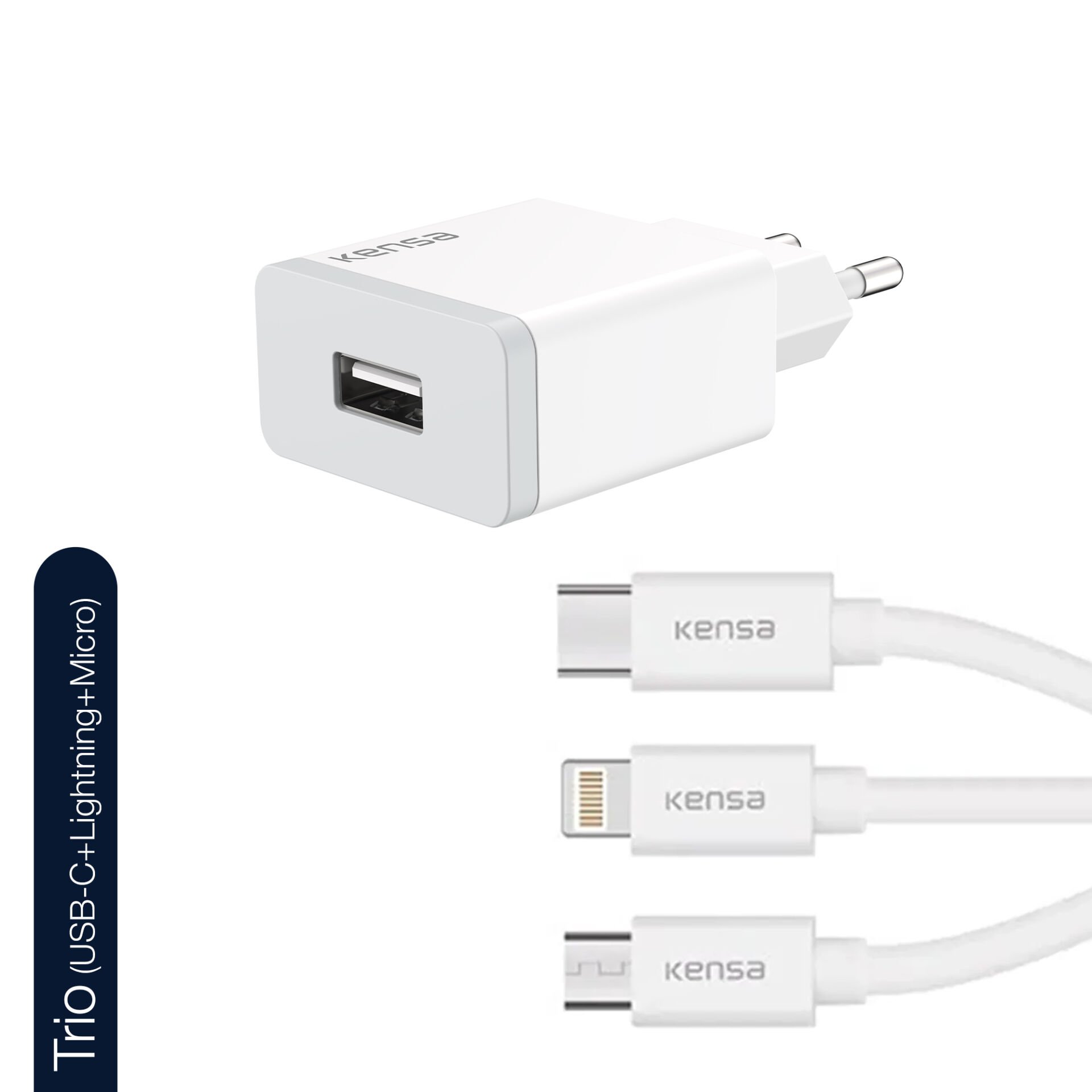 15W TRIO (USB-C+Lightning+Micro) Şarj Başlığı + Kablo
