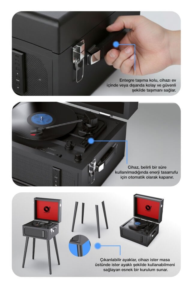 Retro Bluetooth Pikap Speaker 3 Hızlı Plak Çalar Kahve