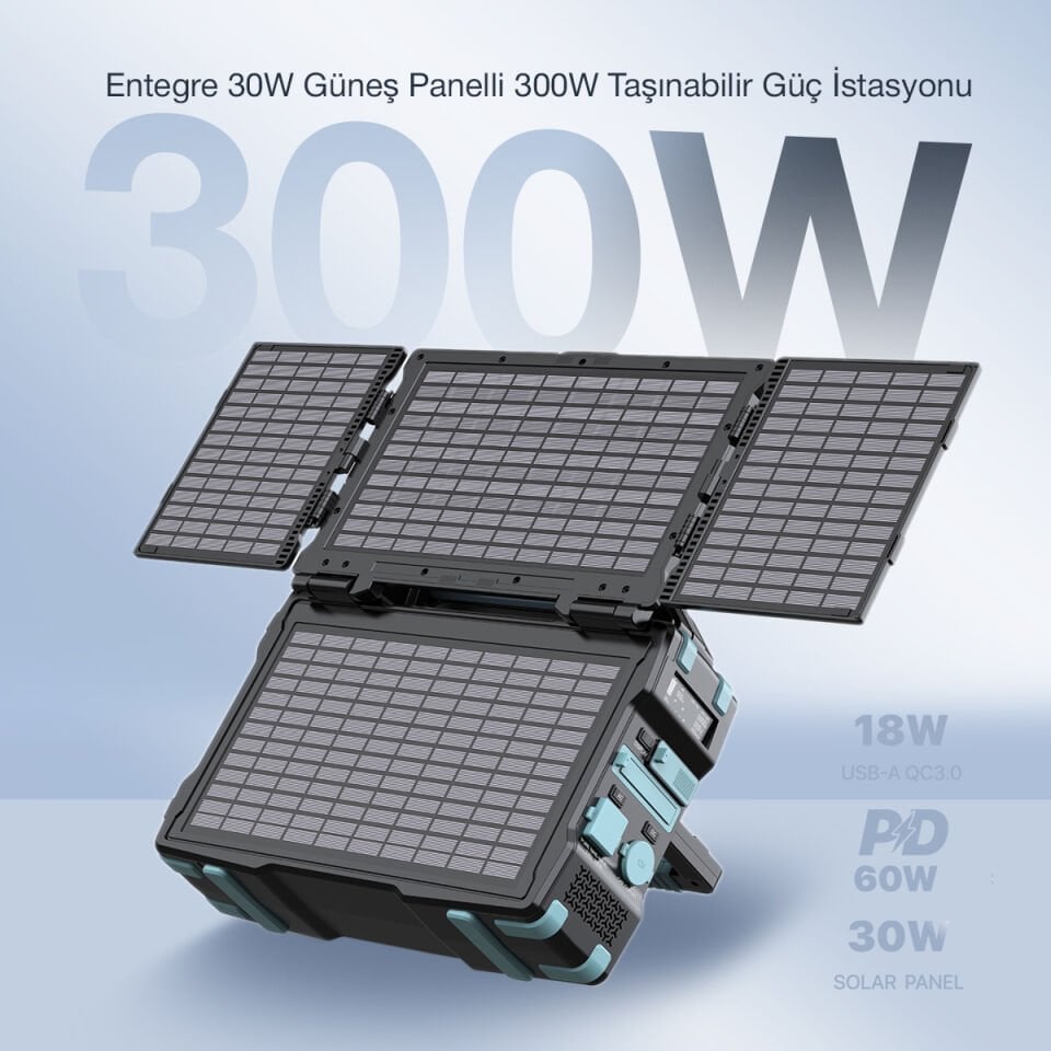 Entegre 30W Güneş Panelli 300W Taşınabilir Güç İstasyonu
