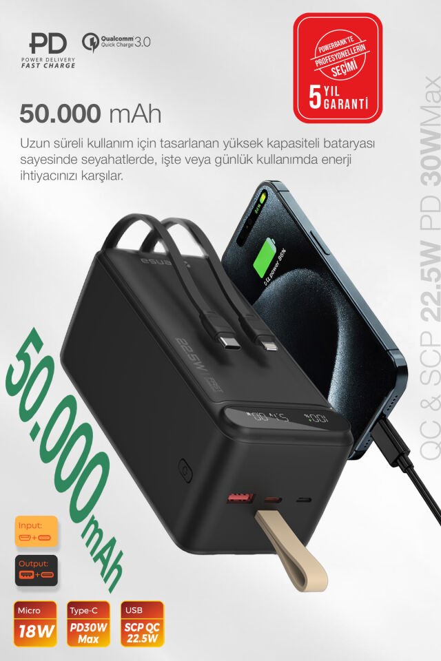 50.000 mAh Hızlı Şarj Powerbank