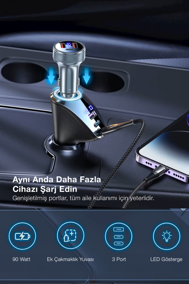 90W Çok Portlu Araç Şarj Cihazı