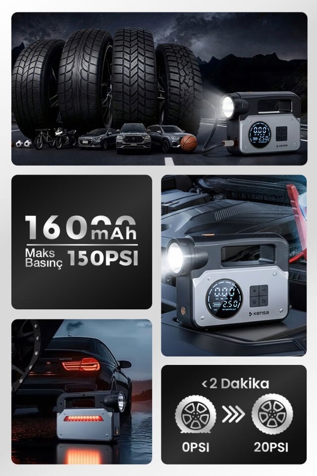 Akü Takviye Cihazı ve Akıllı Hava Pompası 150 PSI - 16.000mAh