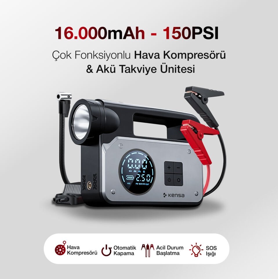 Akü Takviye Cihazı ve Akıllı Hava Pompası 150 PSI - 16.000mAh