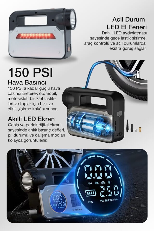 Akü Takviye Cihazı ve Akıllı Hava Pompası 150 PSI - 16.000mAh