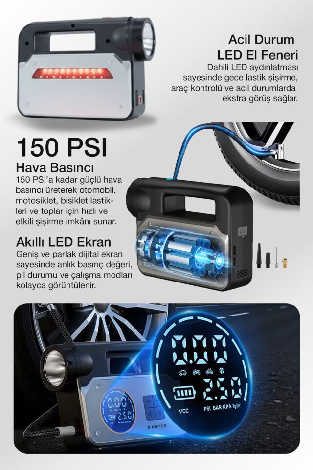 Akü Takviye Cihazı ve Akıllı Hava Pompası 150 PSI - 16.000mAh