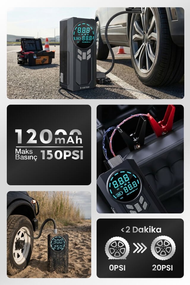 Akü Takviye Cihazı ve Akıllı Hava Pompası 150 PSI - 12.000mAh