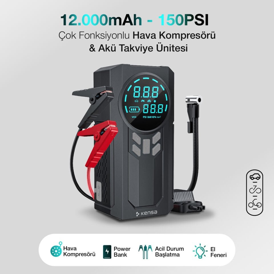 Akü Takviye Cihazı ve Akıllı Hava Pompası 150 PSI - 12.000mAh