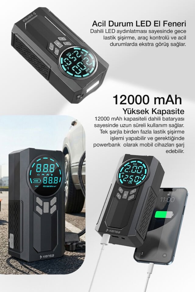 Akü Takviye Cihazı ve Akıllı Hava Pompası 150 PSI - 12.000mAh