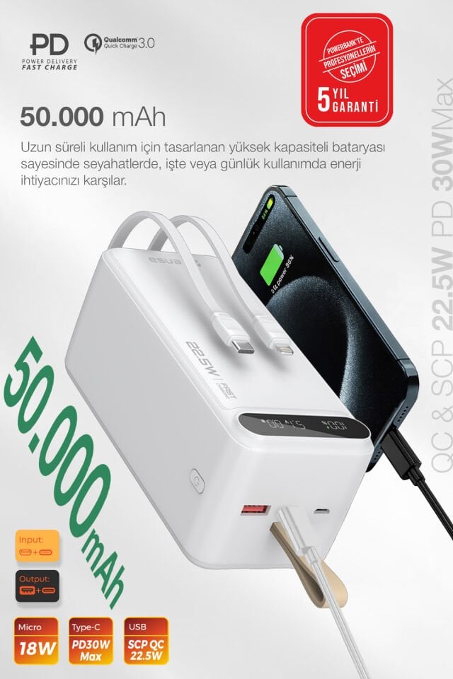 50.000 mAh Hızlı Şarj Powerbank Beyaz