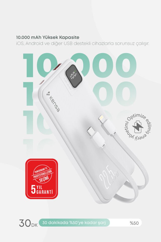 10.000 mAh Hızlı Şarj Powerbank Beyaz