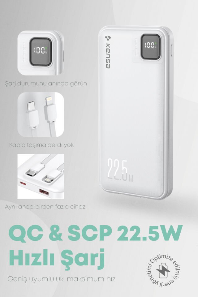 10.000 mAh Hızlı Şarj Powerbank Beyaz