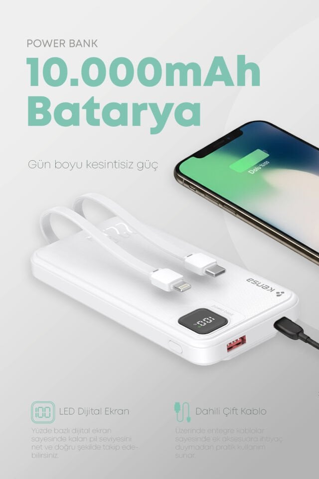 10.000 mAh Hızlı Şarj Powerbank Beyaz