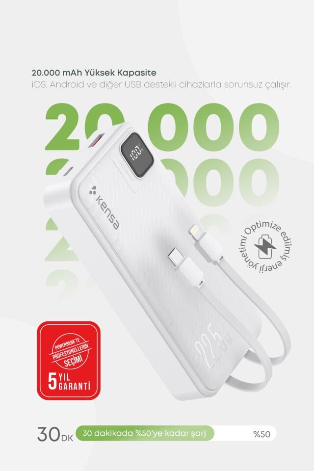 20.000 mAh Hızlı Şarj Powerbank Beyaz