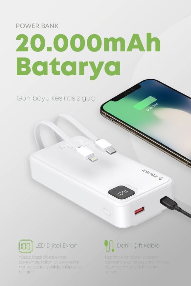 20.000 mAh Hızlı Şarj Powerbank Beyaz