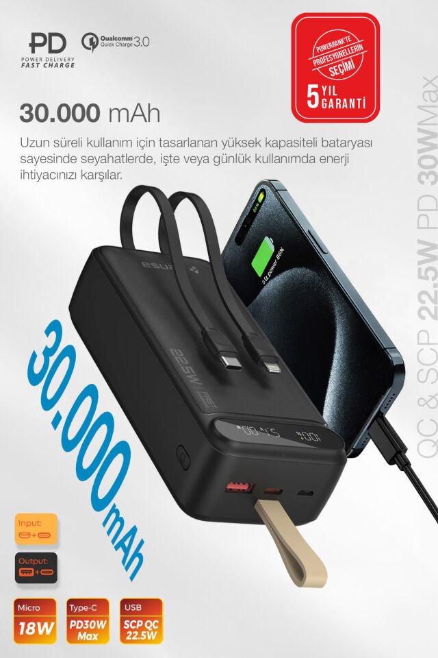 30.000 mAh Hızlı Şarj Powerbank Siyah
