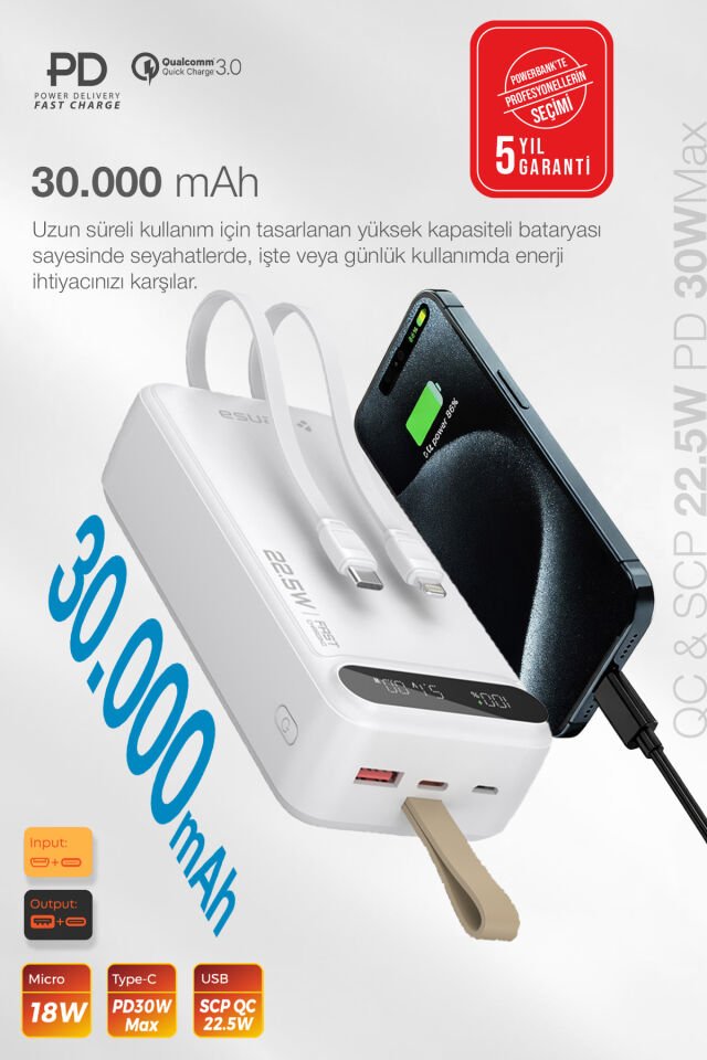 30.000 mAh Hızlı Şarj Powerbank Beyaz