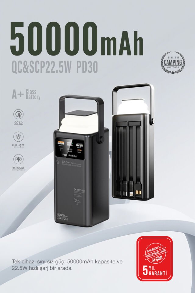 50.000 mAh Outdoor Işıklı Hızlı Şarj Powerbank Siyah
