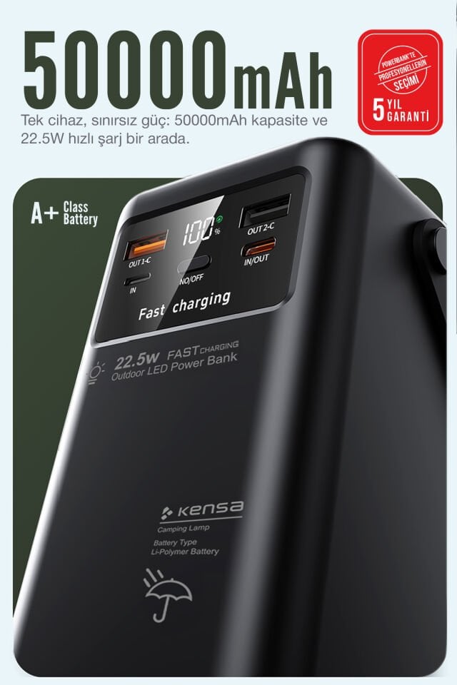 50.000 mAh Outdoor Işıklı Hızlı Şarj Powerbank Siyah