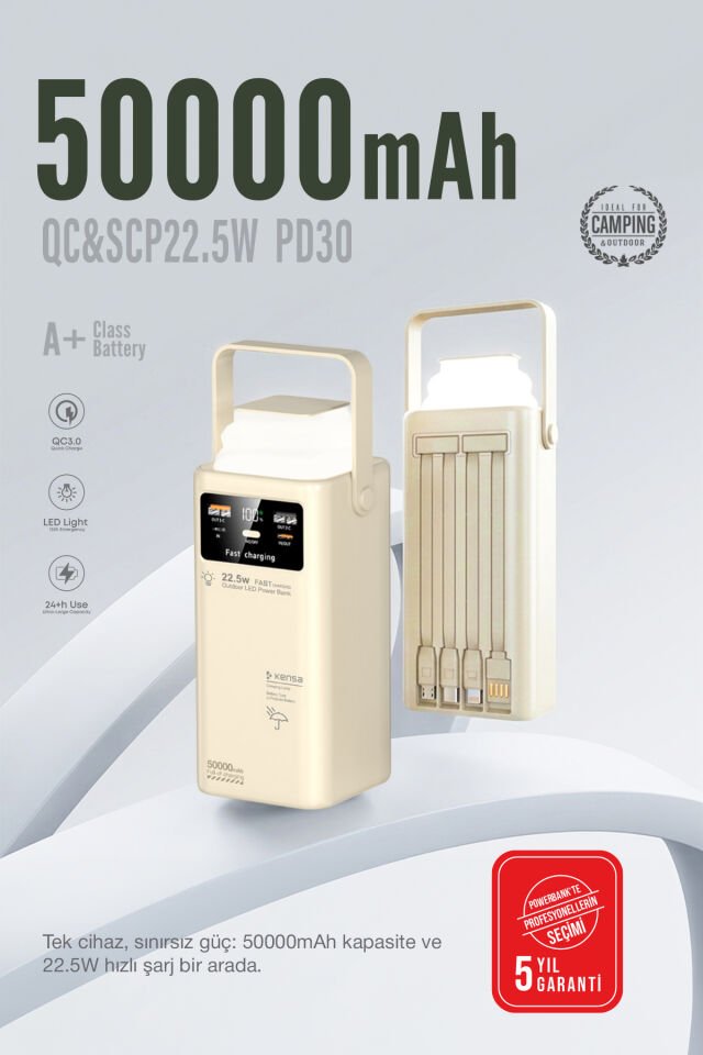 50.000 mAh Outdoor Işıklı Hızlı Şarj Powerbank Antik Beyaz