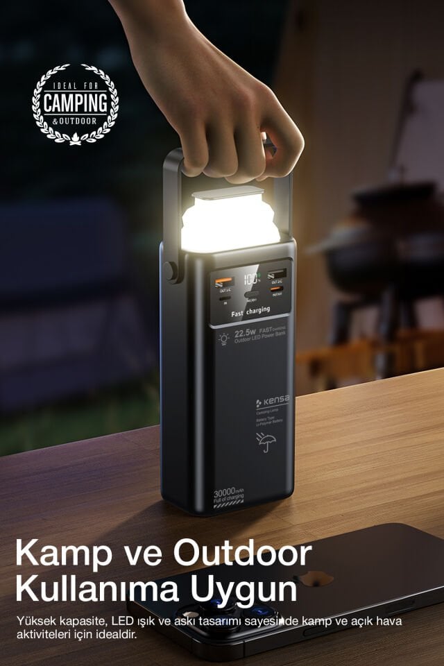 30.000 mAh Outdoor Işıklı Hızlı Şarj Powerbank Siyah
