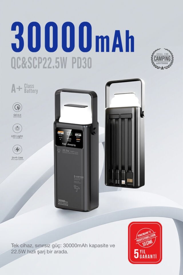30.000 mAh Outdoor Işıklı Hızlı Şarj Powerbank Siyah