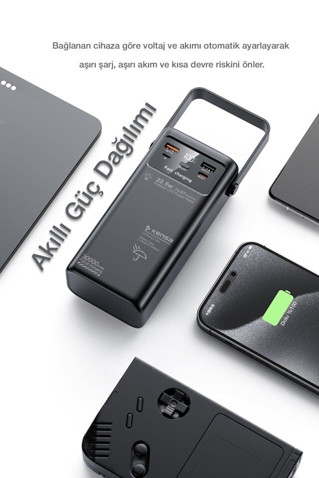 30.000 mAh Outdoor Işıklı Hızlı Şarj Powerbank Siyah
