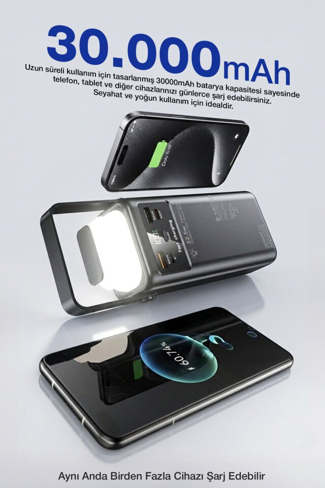 30.000 mAh Outdoor Işıklı Hızlı Şarj Powerbank Siyah