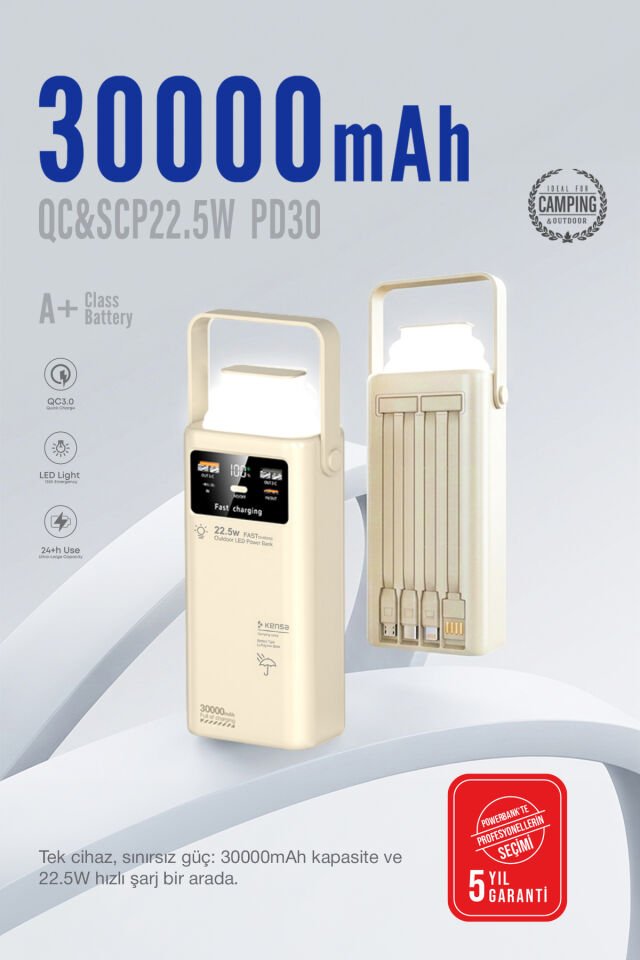 30.000 mAh Outdoor Işıklı Hızlı Şarj Powerbank Antik Beyaz