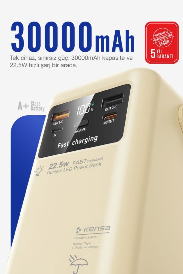 30.000 mAh Outdoor Işıklı Hızlı Şarj Powerbank Antik Beyaz