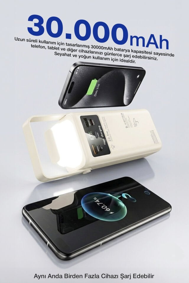 30.000 mAh Outdoor Işıklı Hızlı Şarj Powerbank Antik Beyaz