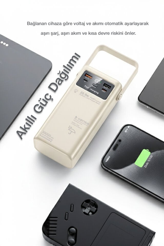 30.000 mAh Outdoor Işıklı Hızlı Şarj Powerbank Antik Beyaz