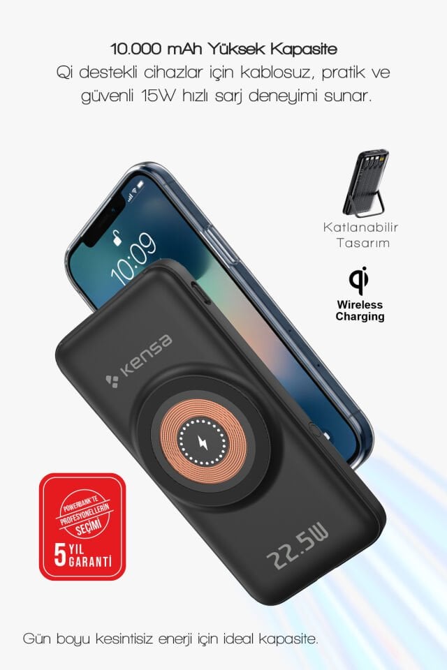 10.000 mAh Dahili Kablolu Wireless Hızlı Şarj Powerbank Siyah
