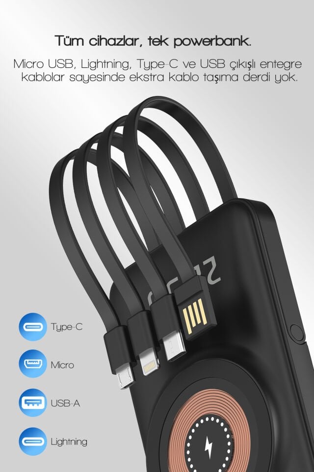 10.000 mAh Dahili Kablolu Wireless Hızlı Şarj Powerbank Siyah