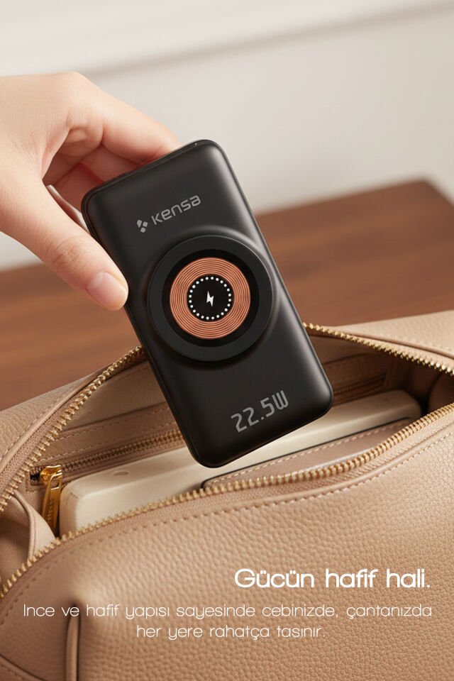 10.000 mAh Dahili Kablolu Wireless Hızlı Şarj Powerbank Siyah