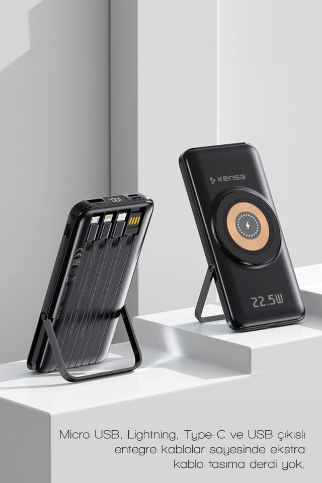 10.000 mAh Dahili Kablolu Wireless Hızlı Şarj Powerbank Siyah