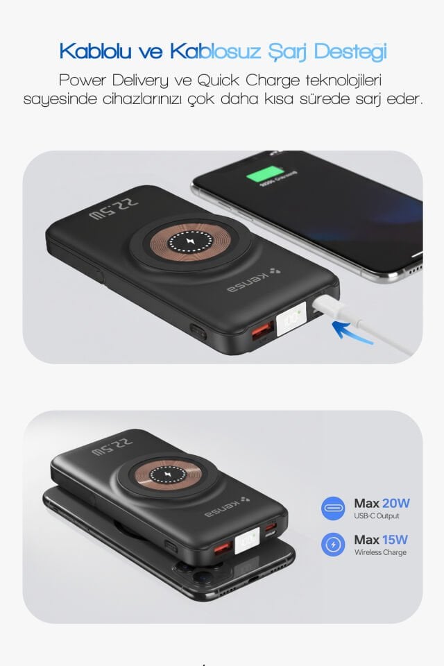 10.000 mAh Dahili Kablolu Wireless Hızlı Şarj Powerbank Siyah