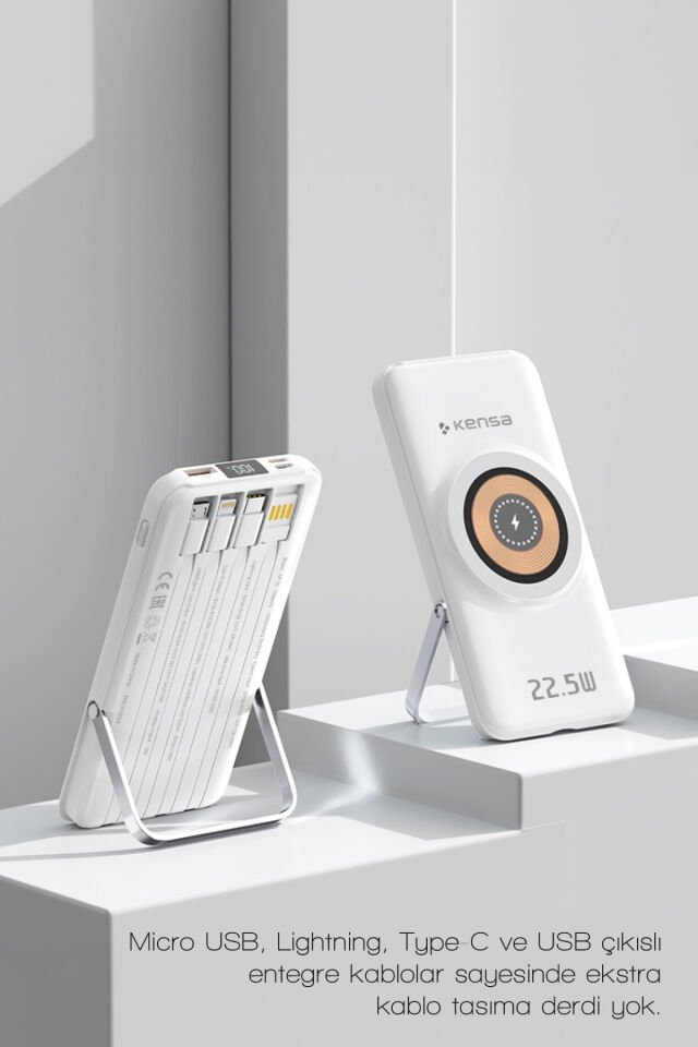 10.000 mAh Dahili Kablolu Wireless Hızlı Şarj Powerbank Beyaz