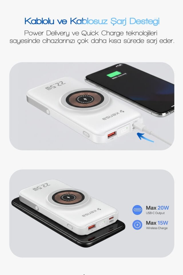10.000 mAh Dahili Kablolu Wireless Hızlı Şarj Powerbank Beyaz