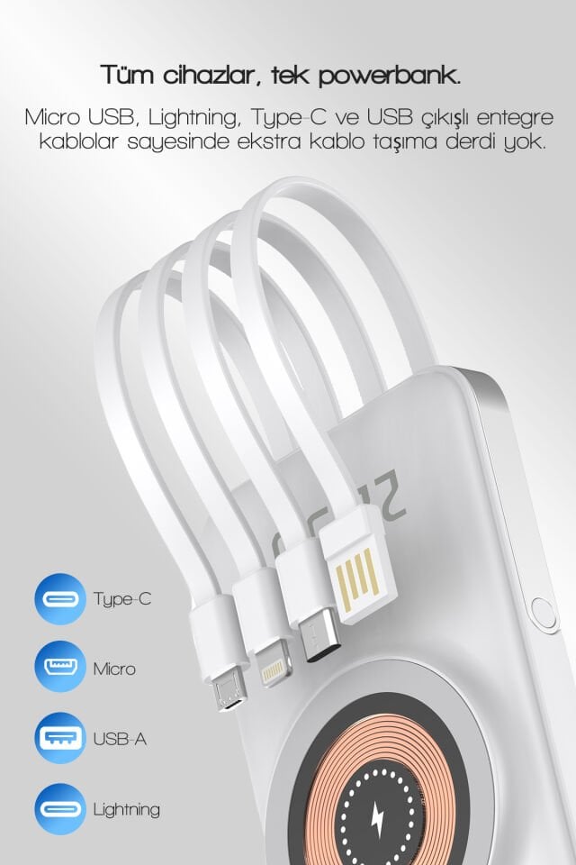 10.000 mAh Dahili Kablolu Wireless Hızlı Şarj Powerbank Beyaz