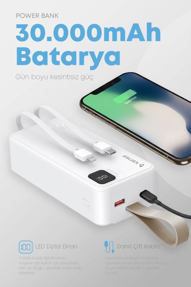 30.000 mAh Hızlı Şarj Powerbank Beyaz