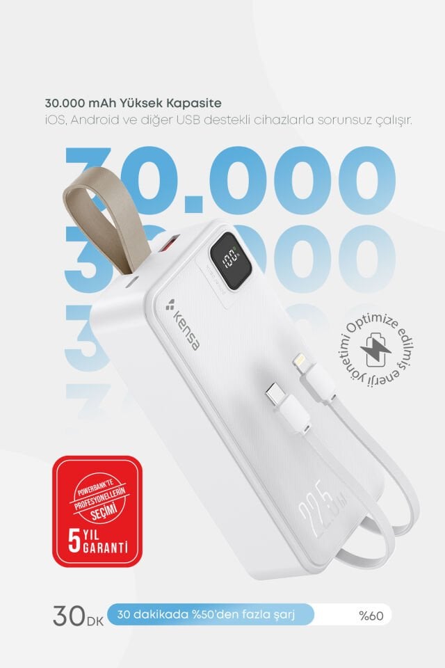 30.000 mAh Hızlı Şarj Powerbank Beyaz