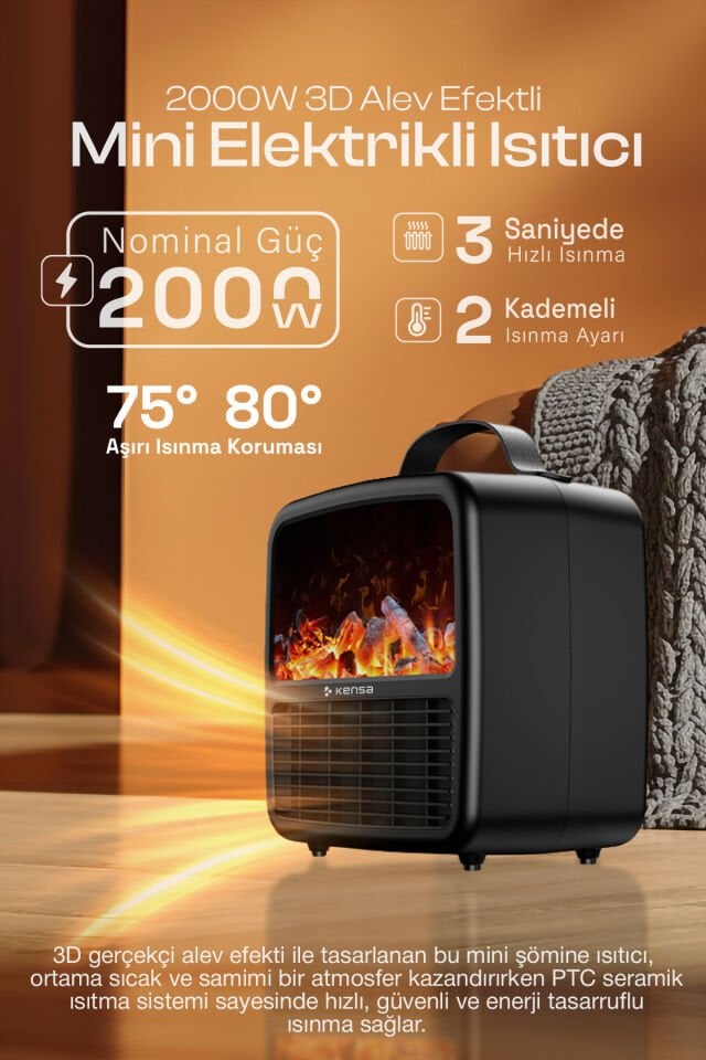 2000W 3D Alev Efektli Mini Elektrikli Isıtıcı Siyah