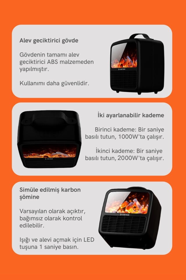 2000W 3D Alev Efektli Mini Elektrikli Isıtıcı Siyah