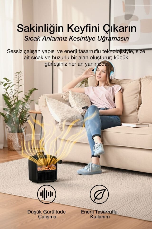 2000W 3D Alev Efektli Mini Elektrikli Isıtıcı Siyah