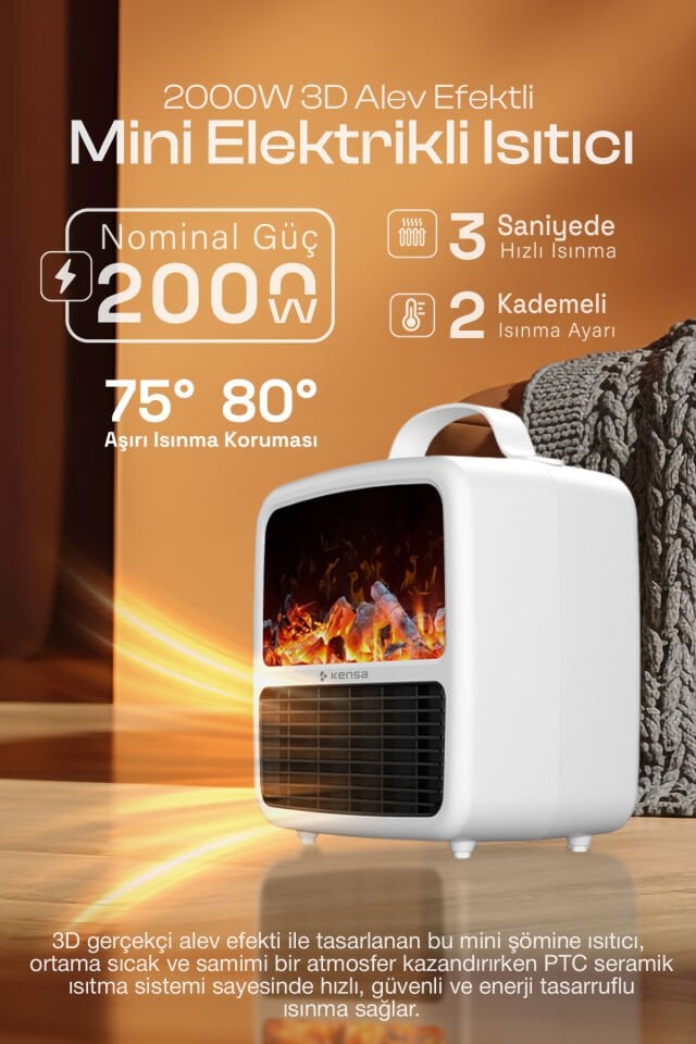 2000W 3D Alev Efektli Mini Elektrikli Isıtıcı Beyaz