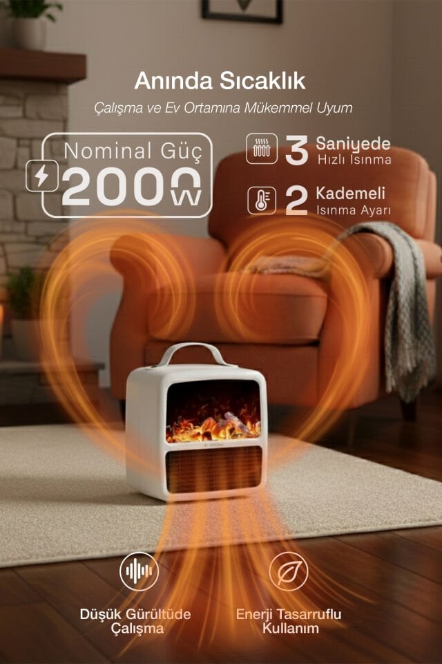 2000W 3D Alev Efektli Mini Elektrikli Isıtıcı Beyaz