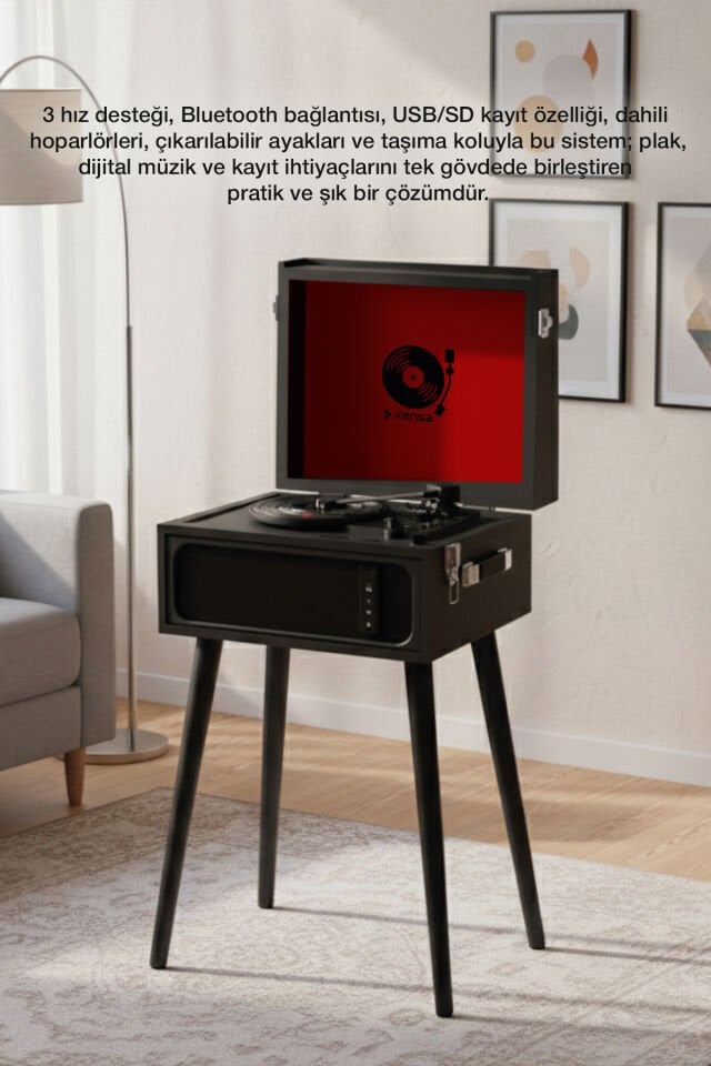 Retro Bluetooth Pikap Speaker 3 Hızlı Plak Çalar Siyah