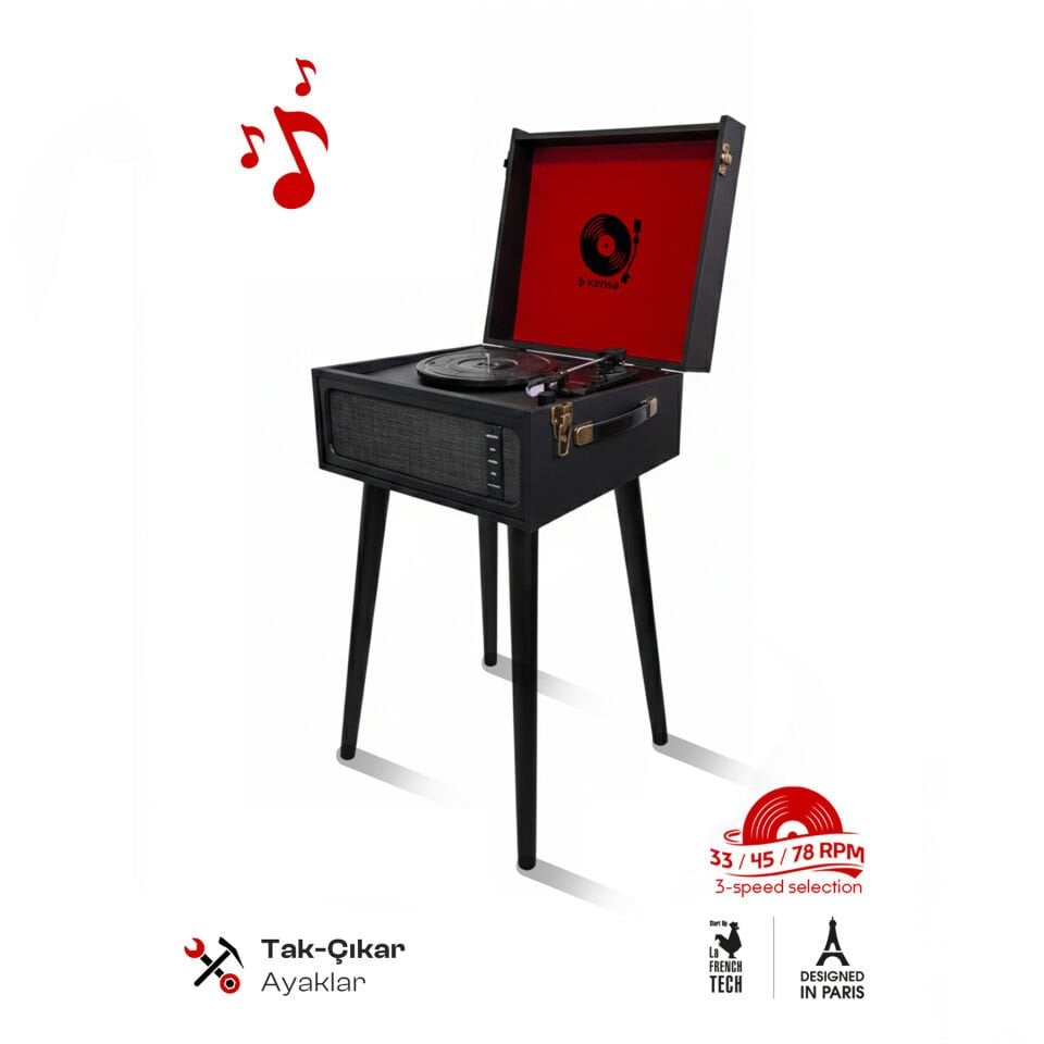 Retro Bluetooth Pikap Speaker 3 Hızlı Plak Çalar Siyah