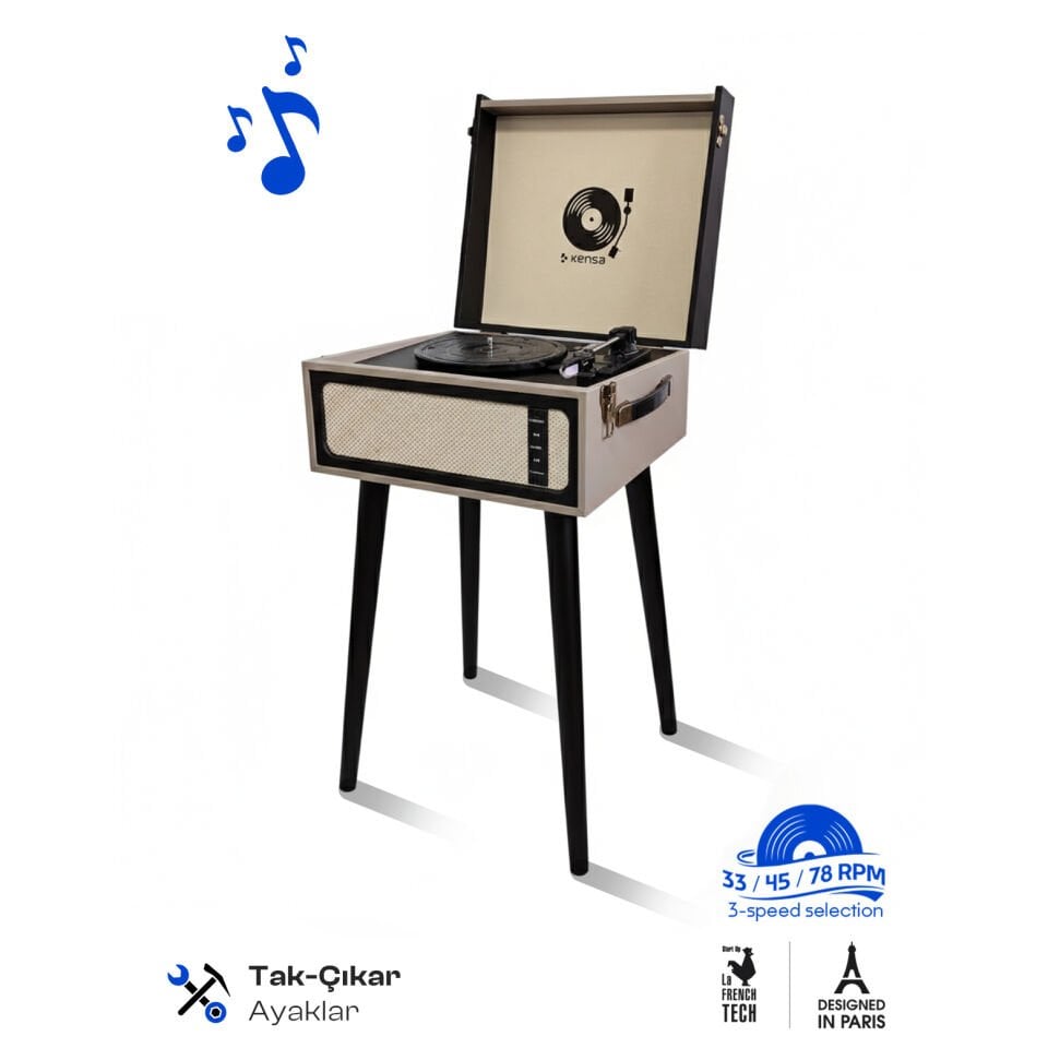 Retro Bluetooth Pikap Speaker 3 Hızlı Plak Çalar Gri