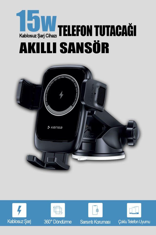 15W Kablosuz Şarj Destekli Sensörlü Araç Telefon Tutucu